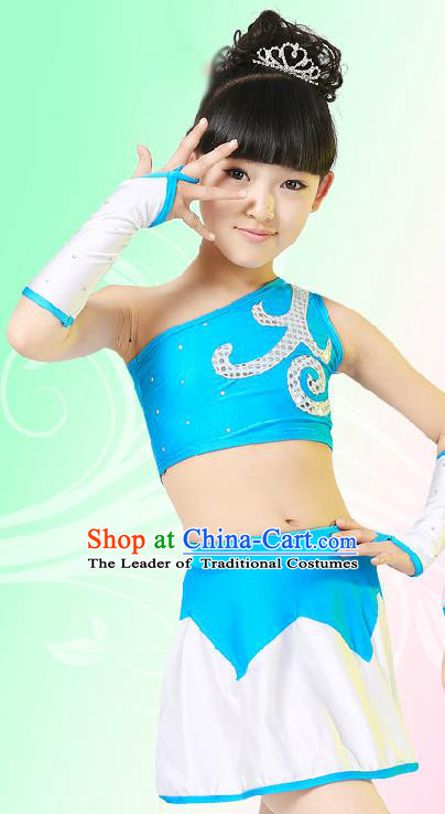 Chinese Modern Dance Costume, Children Opening Classic Chorus Singing Group Uniforms, Modern Dance Blue Gym Suit for Girls Kids