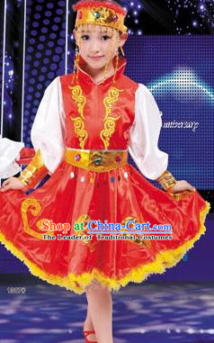 Traditional Chinese Mongol Nationality Dancing Costume, Mongols Children Folk Dance Ethnic Pleated Skirt, Chinese Minority Nationality Red Dress for Kids