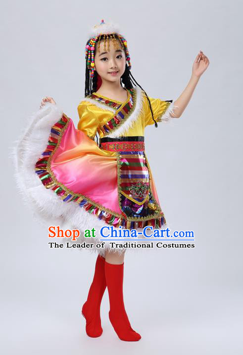 Traditional Chinese Zang Nationality Dancing Costume, Tibetan Children Folk Dance Ethnic Pleated Skirt, Chinese Tibetan Minority Yellow Dress for Kids