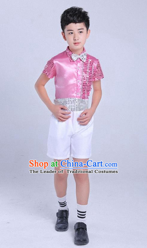 Top Grade Professional Performance Catwalks Costume, Children Chorus Modern Dance Pink Paillette Clothing for Boys Kids