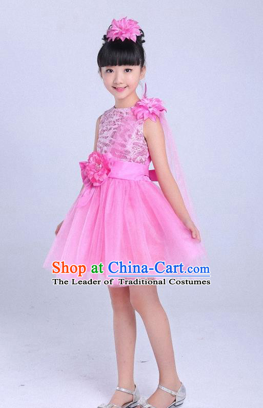 Top Grade Professional Performance Catwalks Costume, Children Chorus Modern Dance Pink Paillette Bubble Dress for Girls Kids