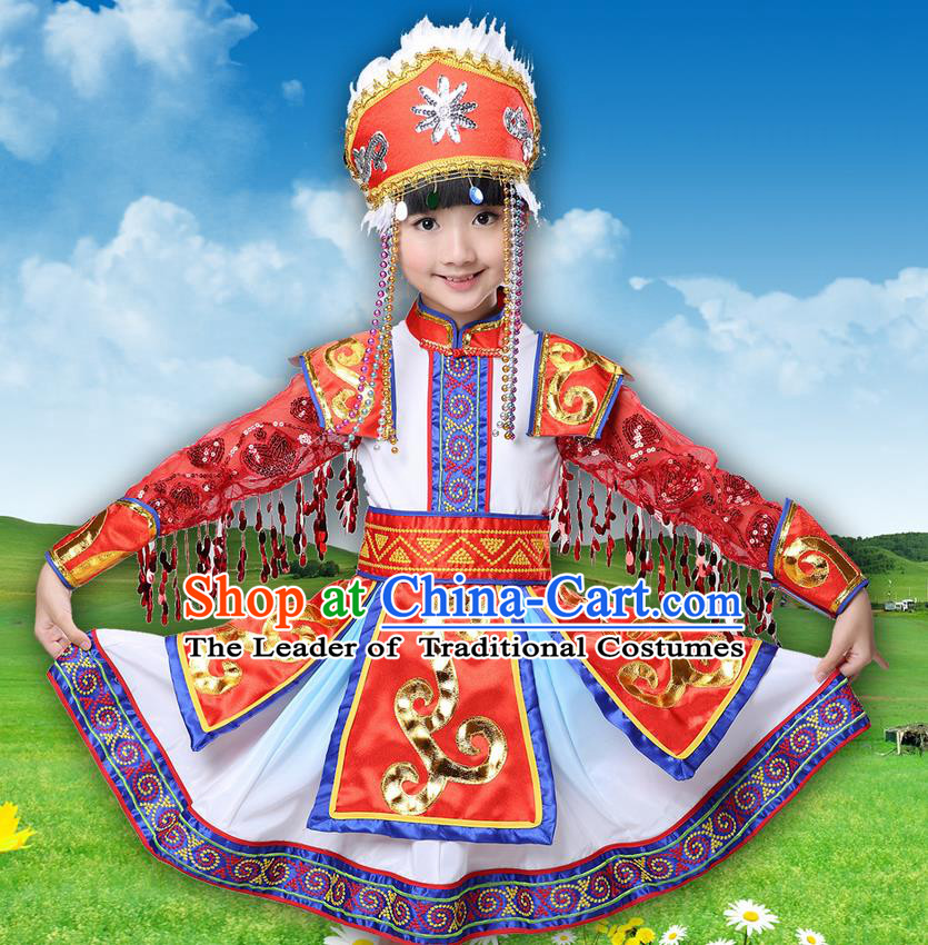 Traditional Chinese Mongol Nationality Dancing Costume, Mongols Children Princess Folk Dance Ethnic Pleated Skirt, Chinese Mongolian Minority Costume for Kids