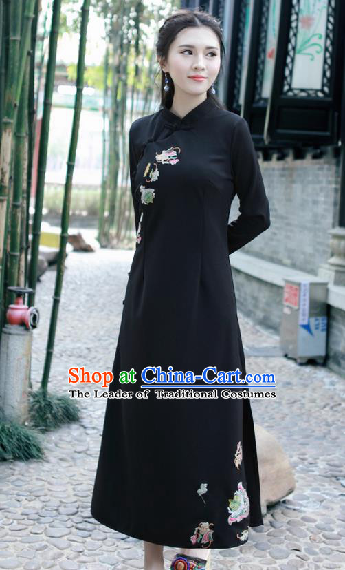 Traditional Ancient Chinese National Costume, Elegant Hanfu Mandarin Qipao Linen Hand Embroidery Black Dress, China Tang Suit Chirpaur Republic of China Stand Collar Cheongsam Upper Outer Garment Elegant Dress Clothing for Women