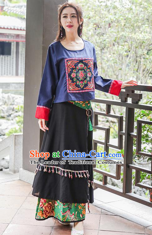 Traditional Chinese National Costume, Elegant Hanfu Embroidery Flowers Round Collar Navy T-Shirt, China Tang Suit National Minority Blouse Cheong-sam Upper Outer Garment Qipao Shirts Clothing for Women