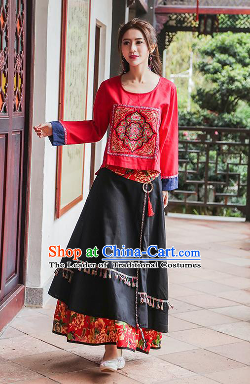 Traditional Chinese National Costume, Elegant Hanfu Embroidery Flowers Round Collar Red T-Shirt, China Tang Suit National Minority Blouse Cheong-sam Upper Outer Garment Qipao Shirts Clothing for Women