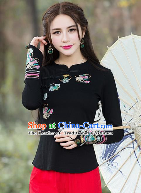 Traditional Chinese National Costume, Elegant Hanfu Embroidery Flowers Slant Opening Black Blouse, China Tang Suit Republic of China Plated Buttons Chirpaur Blouse Cheong-sam Upper Outer Garment Qipao Shirts Clothing for Women