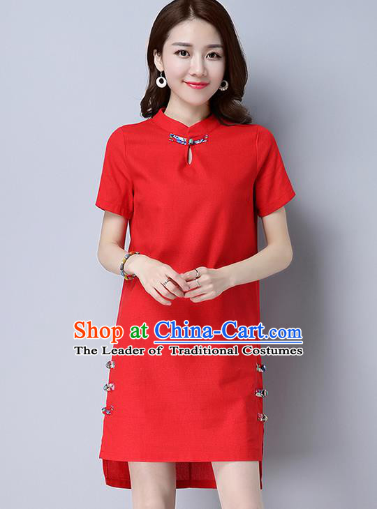 Traditional Ancient Chinese National Costume, Elegant Hanfu Mandarin Qipao Linen Red Dress, China Tang Suit Plated Buttons Chirpaur Republic of China Cheongsam Upper Outer Garment Elegant Dress Clothing for Women