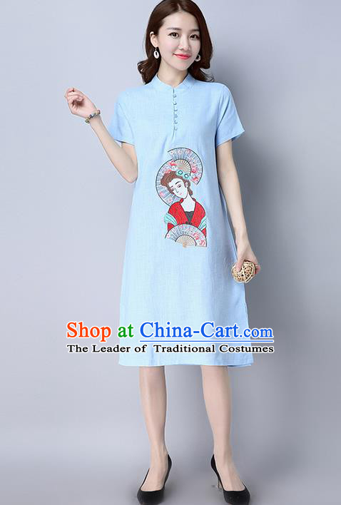 Traditional Ancient Chinese National Costume, Elegant Hanfu Mandarin Qipao Linen Embroidered Blue Dress, China Tang Suit Chirpaur Republic of China Cheongsam Upper Outer Garment Elegant Dress Clothing for Women