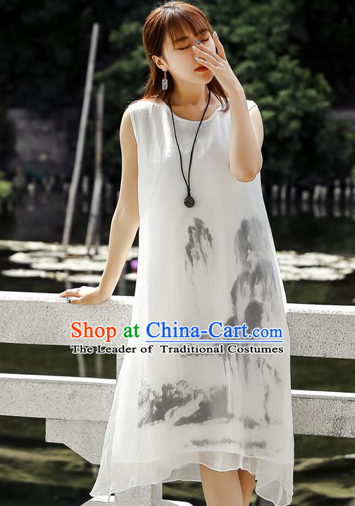 Traditional Ancient Chinese National Costume, Elegant Hanfu Ink Painting White Dress, China Tang Suit Chirpaur Republic of China Cheongsam Upper Outer Garment Elegant Dress Clothing for Women