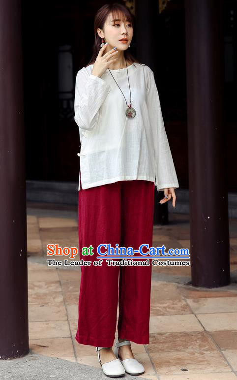 Traditional Chinese National Costume Loose Pants, Elegant Hanfu Linen Red Wide leg Pants, China Ethnic Minorities Tang Suit Folk Dance Ultra-wide-leg Trousers for Women