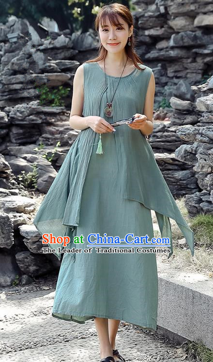 Traditional Ancient Chinese National Costume, Elegant Hanfu Linen Blue Dress, China Tang Suit Chirpaur Republic of China Cheongsam Upper Outer Garment Elegant Dress Clothing for Women