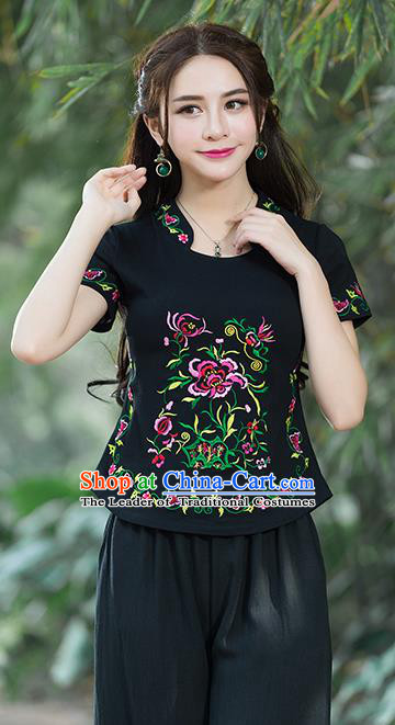 Traditional Chinese National Costume, Elegant Hanfu Embroidery Flowers Stand Collar Black T-Shirt, China Tang Suit Republic of China Chirpaur Blouse Cheong-sam Upper Outer Garment Qipao Shirts Clothing for Women