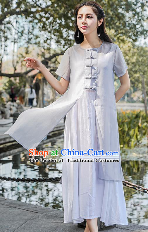 Traditional Ancient Chinese National Costume, Elegant Hanfu Grey Cardigan Coat and Singlet Complete Set, China Tang Suit Plated Buttons Cape and Dress, Upper Outer Garment Dust Coat Cloak for Women