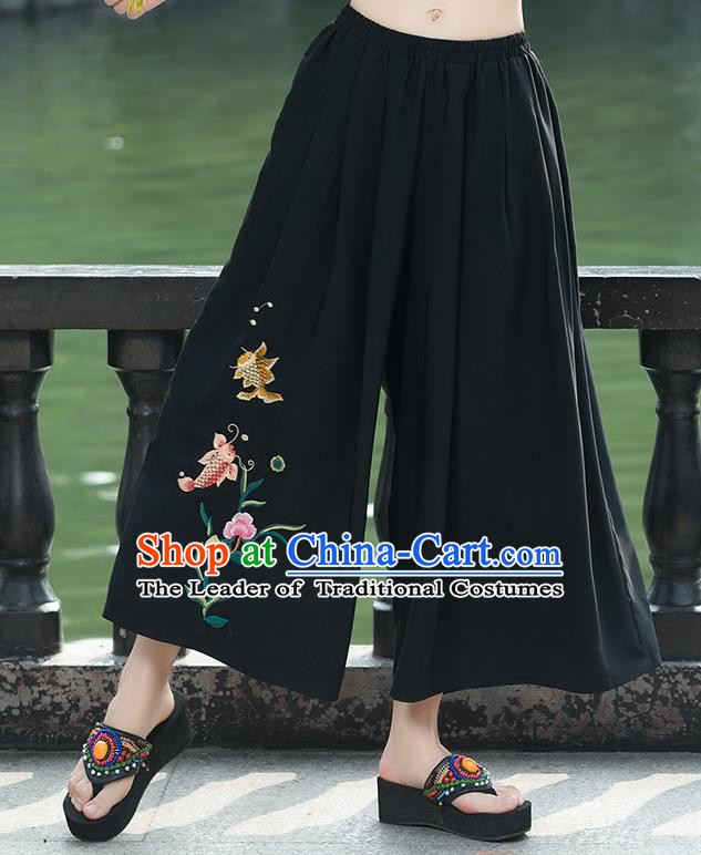 Traditional Chinese National Costume Loose Pants, Elegant Hanfu Embroidered  Butterfly Black Wide-leg Trousers, China Ethnic Minorities Folk Dance Baggy  Pants for Women