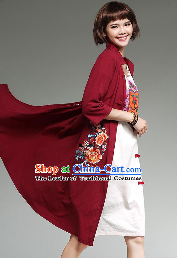 Traditional Ancient Chinese National Costume, Elegant Hanfu Cardigan Embroidered Red Coat, China Tang Suit Plated Buttons Cape, Upper Outer Garment Dust Coat Cloak Clothing for Women