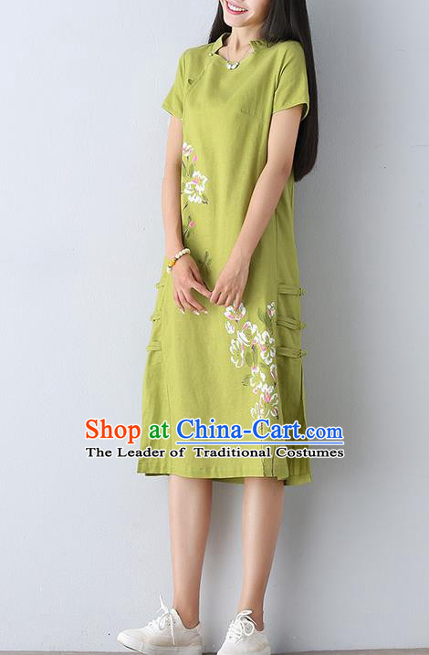 Traditional Ancient Chinese National Costume, Elegant Hanfu Mandarin Qipao Linen Printing Green Dress, China Tang Suit Chirpaur Republic of China Cheongsam Upper Outer Garment Elegant Dress Clothing for Women