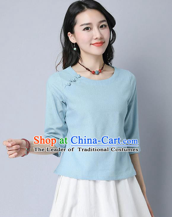 Traditional Chinese National Costume, Elegant Hanfu Linen Slant Opening Blue T-Shirt, China Tang Suit Republic of China Plated Buttons Chirpaur Blouse Cheong-sam Upper Outer Garment Qipao Shirts Clothing for Women