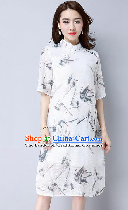 Traditional Ancient Chinese National Costume, Elegant Hanfu Mandarin Qipao Linen Ink Painting White Dress, China Tang Suit Stand Collar Chirpaur Republic of China Cheongsam Upper Outer Garment Elegant Dress Clothing for Women