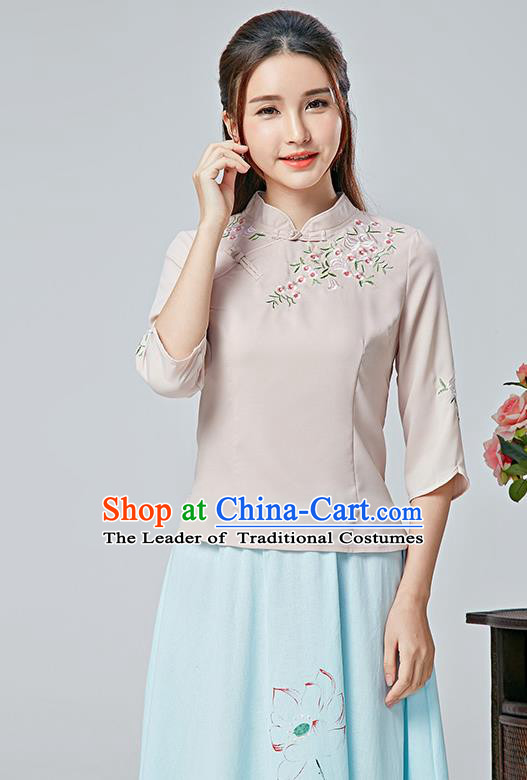 Traditional Chinese National Costume, Elegant Hanfu Embroidery Flowers Slant Opening Pink Blouses, China Tang Suit Republic of China Plated Buttons Chirpaur Blouse Cheong-sam Upper Outer Garment Qipao Shirts Clothing for Women