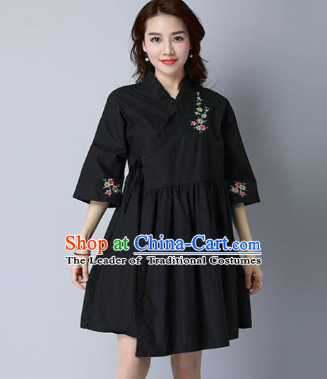 Traditional Ancient Chinese National Costume, Elegant Hanfu Mandarin Qipao Linen Hand Painting Black Dress, China Tang Suit Cheongsam Upper Outer Garment Elegant Dress Clothing for Women