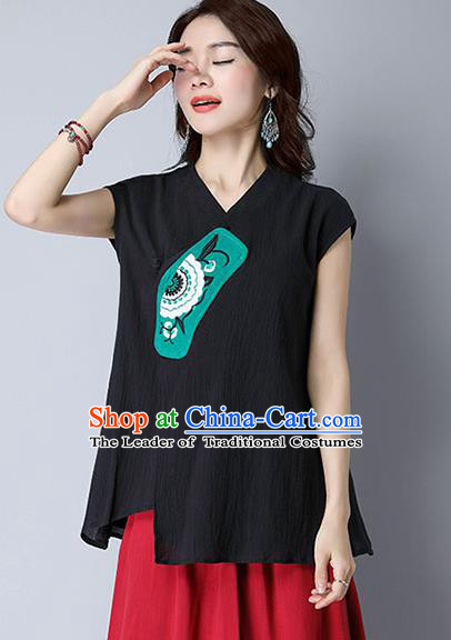 Traditional Chinese National Costume, Elegant Hanfu Patch Embroidery Black T-Shirt, China Tang Suit Republic of China Plated Buttons Chirpaur Blouse Cheong-sam Upper Outer Garment Qipao Shirts Clothing for Women