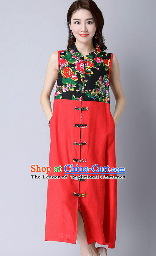 Traditional Ancient Chinese National Costume, Elegant Hanfu Mandarin Qipao Peony Flowers Joint Linen Red Dress, China Tang Suit Chirpaur Republic of China Cheongsam Upper Outer Garment Elegant Dress Clothing for Women