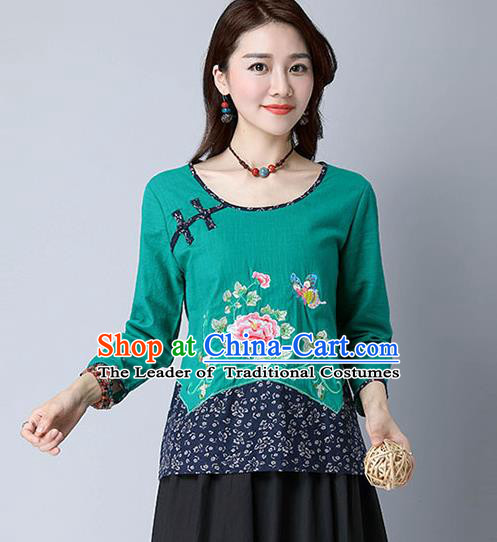 Traditional Chinese National Costume, Elegant Hanfu Embroidery Peony Flowers Green T-Shirt, China Tang Suit Republic of China Plated Button Chirpaur Blouse Cheong-sam Upper Outer Garment Qipao Shirts Clothing for Women