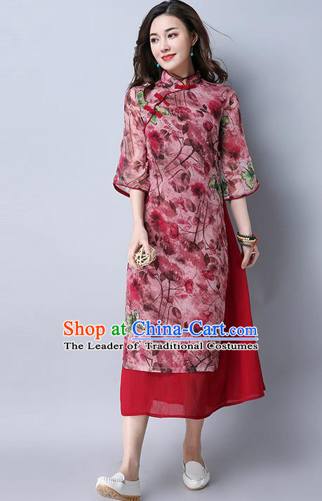 Traditional Ancient Chinese National Costume, Elegant Hanfu Mandarin Qipao Red Dress, China Tang Suit Chirpaur Republic of China Cheongsam Upper Outer Garment Elegant Dress Clothing for Women
