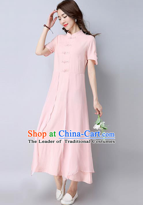 Traditional Ancient Chinese National Costume, Elegant Hanfu Mandarin Qipao Linen Pink Dress, China Tang Suit Chirpaur Republic of China Cheongsam Upper Outer Garment Elegant Dress Clothing for Women