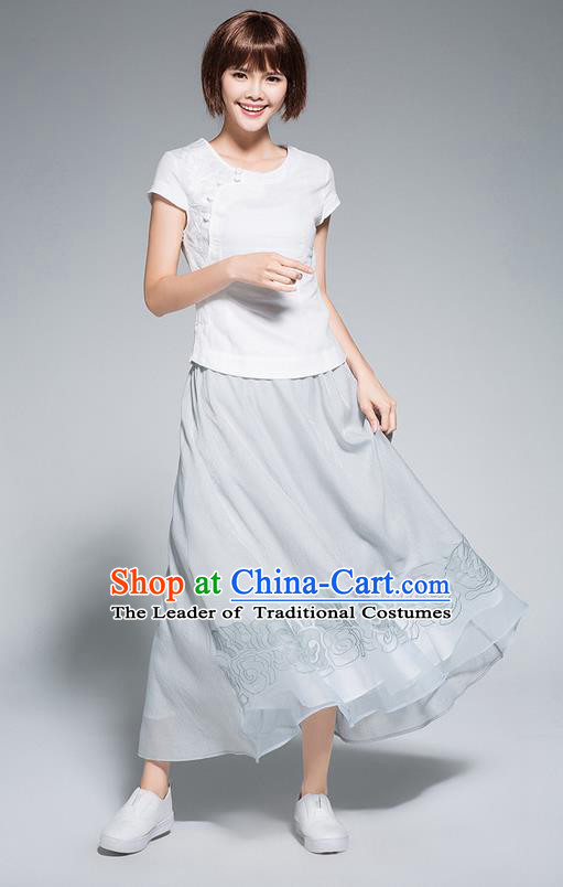 Traditional Ancient Chinese National Pleated Skirt Costume, Elegant Hanfu Chiffon Embroidery Long Blue Dress, China Tang Suit Big Swing Bust Skirt for Women