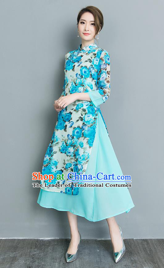 Traditional Ancient Chinese National Costume, Elegant Hanfu Mandarin Qipao Blue Dress, China Tang Suit Chirpaur Upper Outer Garment Elegant Dress Clothing for Women