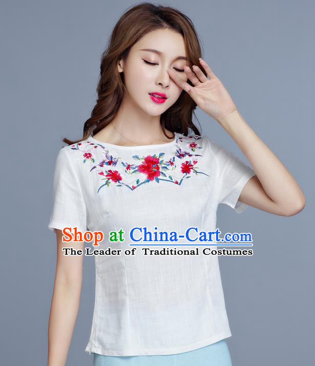 Traditional Chinese National Costume, Elegant Hanfu Embroidery Flowers White Base Shirt, China Tang Suit Republic of China Chirpaur Blouse Cheong-sam Upper Outer Garment Qipao Shirts Clothing for Women