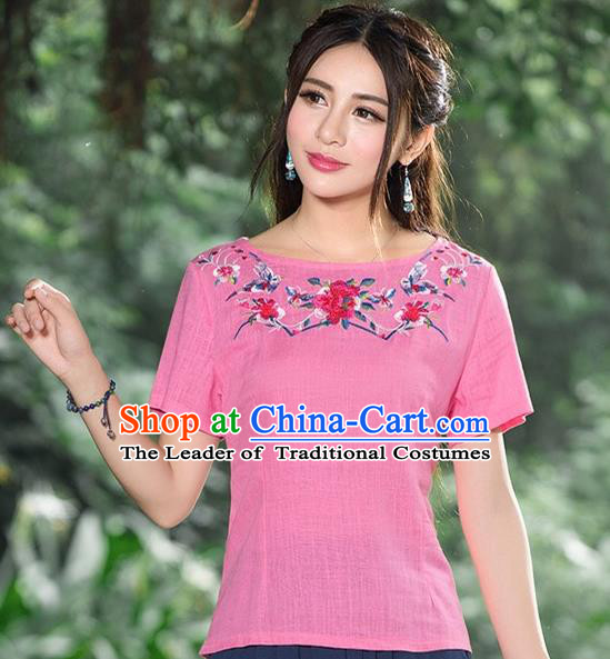 Traditional Chinese National Costume, Elegant Hanfu Embroidery Flowers Pink Base Shirt, China Tang Suit Republic of China Chirpaur Blouse Cheong-sam Upper Outer Garment Qipao Shirts Clothing for Women