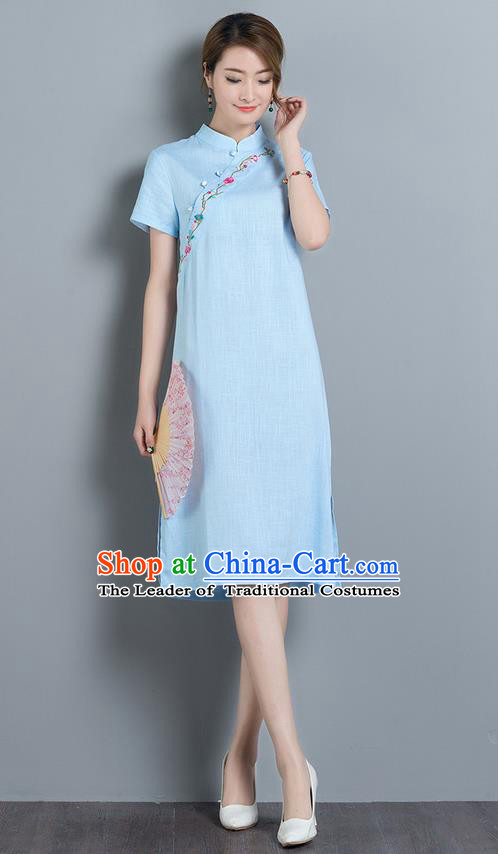 Traditional Ancient Chinese National Costume, Elegant Hanfu Mandarin Qipao Embroidery Stand Collar Blue Dress, China Tang Suit Chirpaur Upper Outer Garment Elegant Dress Clothing for Women