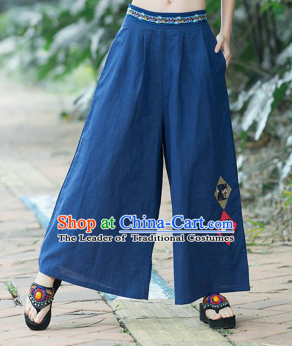 Traditional Chinese National Costume Loose Pants, Elegant Hanfu Embroidered Navy Wide leg Pants, China Ethnic Minorities Tang Suit Ultra-wide-leg Trousers for Women