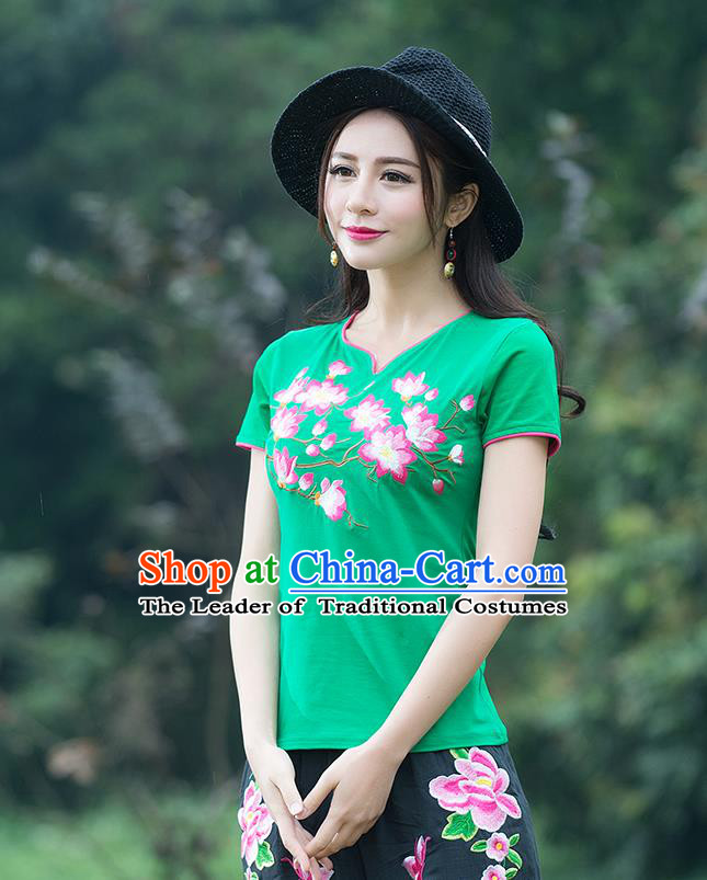 Traditional Chinese National Costume, Elegant Hanfu Embroidery Flowers Green T-Shirt, China Tang Suit Republic of China Chirpaur Blouse Cheong-sam Upper Outer Garment Qipao Shirts Clothing for Women