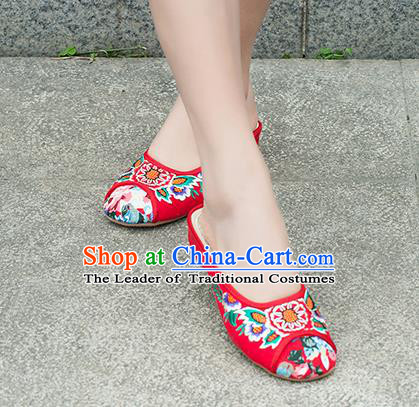 Traditional Chinese Shoes, China Handmade Embroidered Slippers Red Shoes, Ancient Princess Linen Shoes for Women