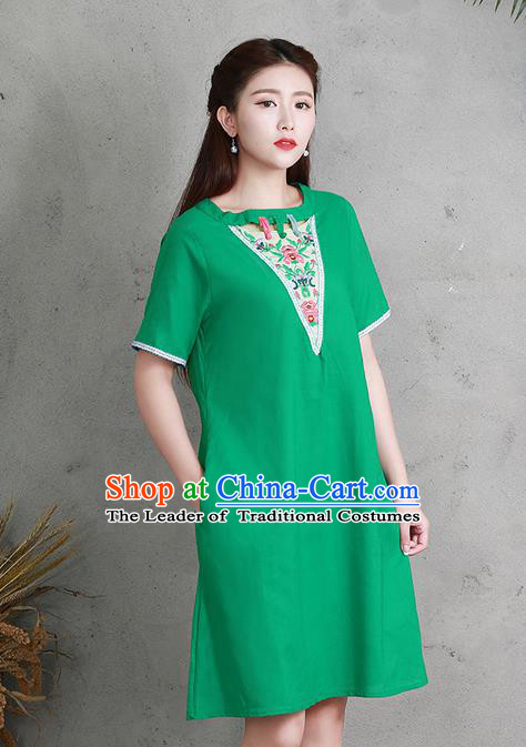 Traditional Ancient Chinese National Costume, Elegant Hanfu Linen Embroidery Green Dress, China Tang Suit Chirpaur Elegant Dress Clothing for Women