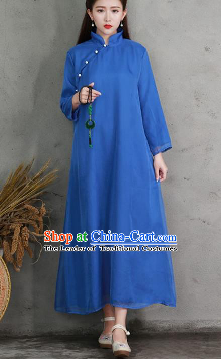 Traditional Ancient Chinese National Costume, Elegant Hanfu Mandarin Qipao Linen Slant Opening Blue Dress, China Tang Suit Chirpaur Republic of China Cheongsam Elegant Dress Clothing for Women
