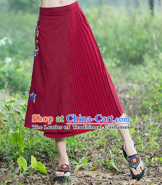 Traditional Ancient Chinese National Pleated Skirt Costume, Elegant Hanfu Embroidery Long Red Dress, China Tang Suit Bust Skirt for Women
