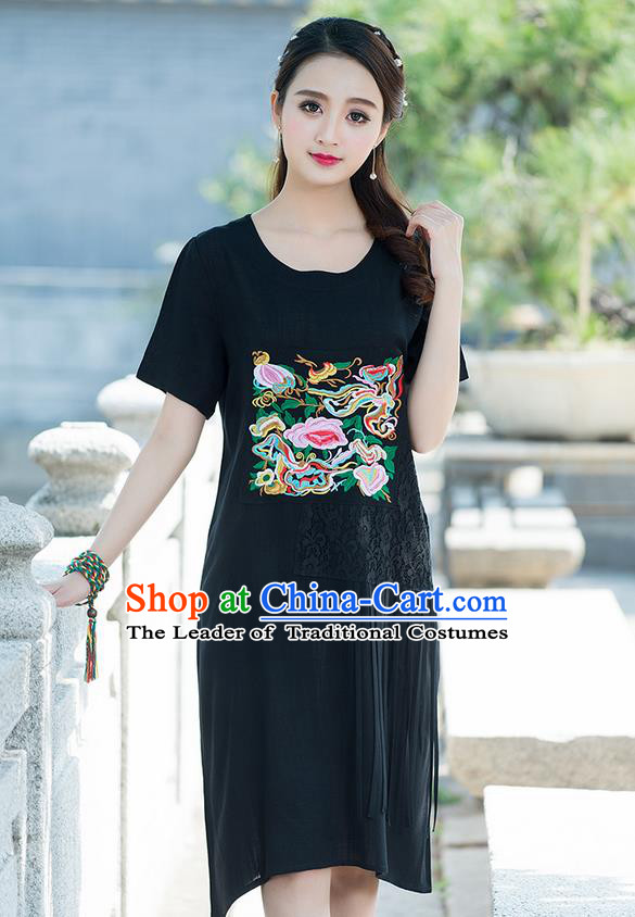 Traditional Ancient Chinese National Costume, Elegant Hanfu Mandarin Qipao Embroidered Lace Black Dress, China Tang Suit Chirpaur Republic of China Cheongsam Elegant Dress Clothing for Women