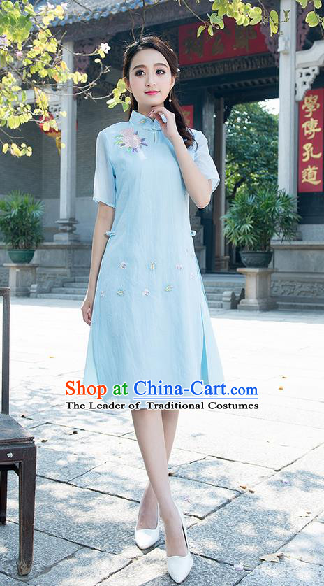 Traditional Ancient Chinese National Costume, Elegant Hanfu Mandarin Qipao Embroidered Organza Blue Dress, China Tang Suit Chirpaur Republic of China Cheongsam Elegant Dress Clothing for Women