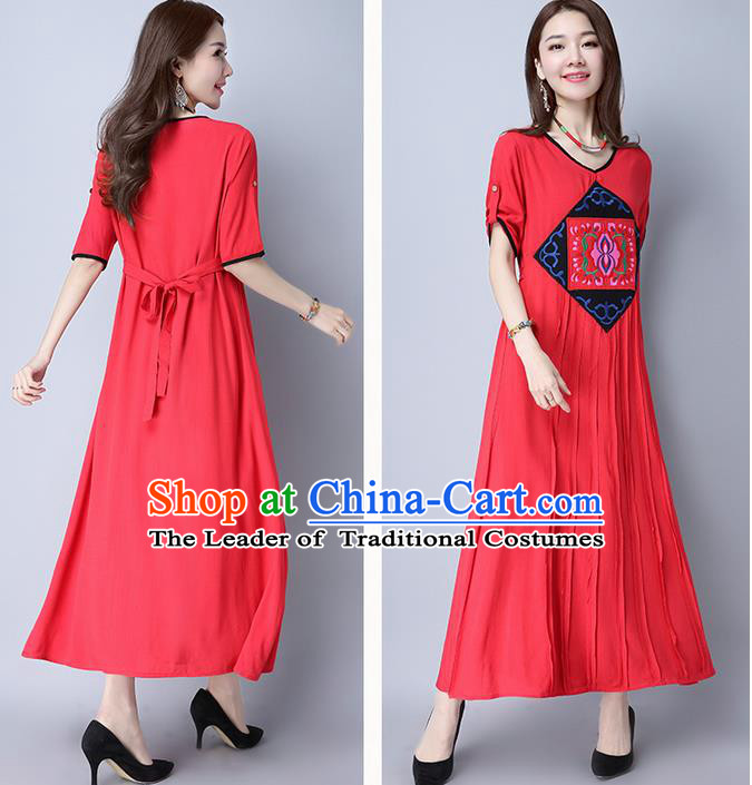 Traditional Ancient Chinese National Costume, Elegant Hanfu Mandarin Qipao Embroidered Red Linen Long Dress, China Tang Suit Chirpaur Republic of China Cheongsam Elegant Dress Clothing for Women