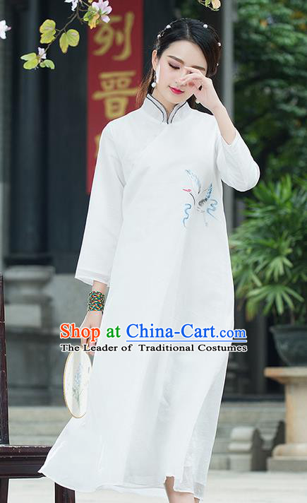 Traditional Ancient Chinese National Costume, Elegant Hanfu Mandarin Qipao Linen Hand Painting Crane White Dress, China Tang Suit Chirpaur Republic of China Cheongsam Upper Outer Garment Elegant Dress Clothing for Women
