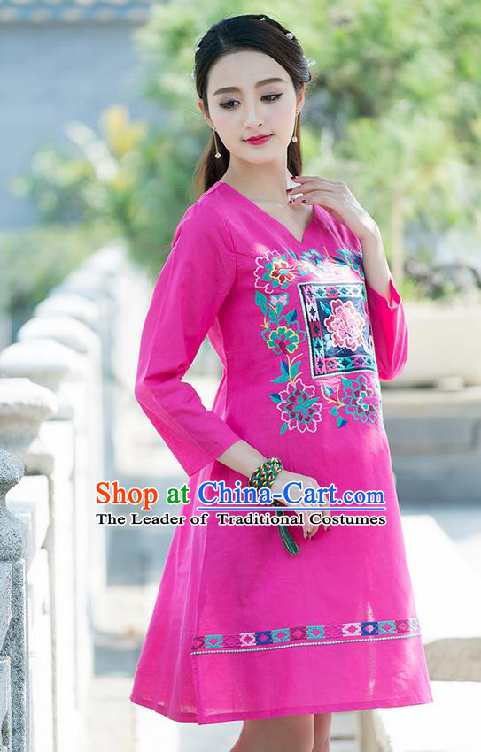 Traditional Ancient Chinese National Costume, Elegant Hanfu Mandarin Qipao Linen Embroidery Pink Dress, China Tang Suit Chirpaur Elegant Dress Clothing for Women