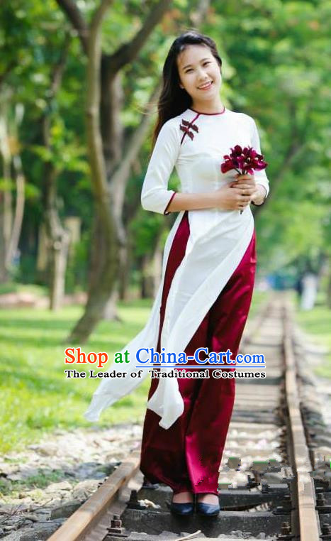 White Ao Dai Vietnamese Lua My Silk Long Dress With Matching Pants