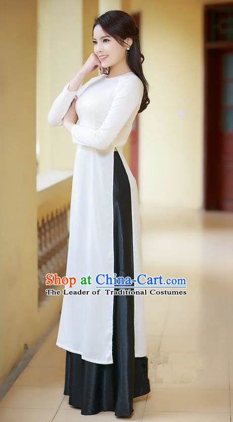 Top Grade Asian Vietnamese Traditional Dress, Vietnam Ao Dai Dress, Vietnam Princess White Silk Full Dress Cheongsam Clothing for Women