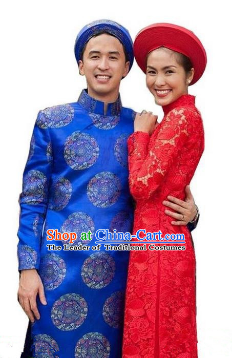 Top Grade Asian Vietnamese Traditional Dress, Vietnam National Ao Dai Dress, Vietnam Bridegroom Bride Red Lace Cheongsam Wedding Clothing for Women for Men