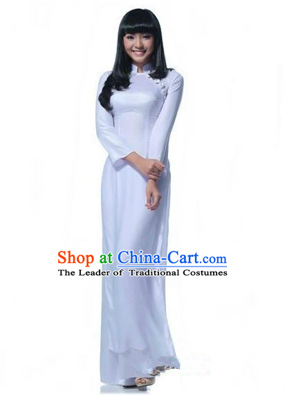 Top Grade Asian Vietnamese Traditional Dress, Vietnam National Young Lady  Ao Dai Dress, Vietnam Bride Blue Cheongsam and Pants Complete Set for Women
