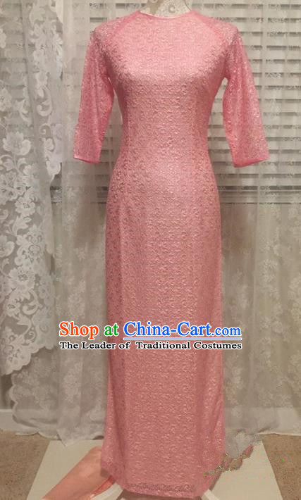 Top Grade Asian Vietnamese Traditional Dress, Vietnam National Young Lady Ao Dai Dress, Vietnam Lady Pink Lace Cheongsam for Women